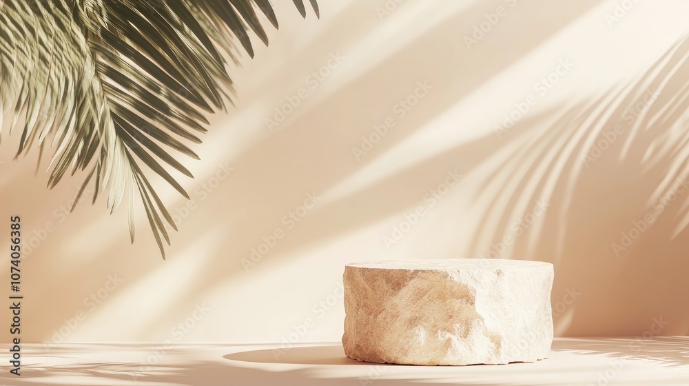 Poster 3d background featuring a stone pedestal on a natural palm leaf shadow against a soft beige backdrop
