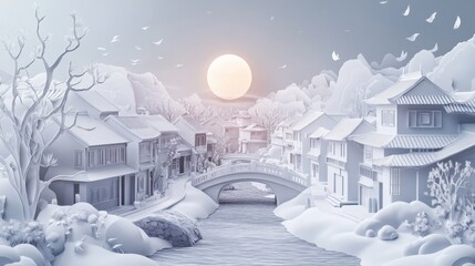 Fototapeta premium Jiangnan Serenity: A Hyper-Realistic Paper-Cut Winter's Dream