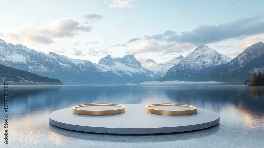 Poster 3d rendering of a podium with three circles on a lake