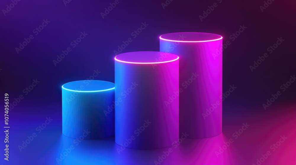 Poster 3d purple and blue neon light cylinder podium set against a minimal dark gradient background abstrac
