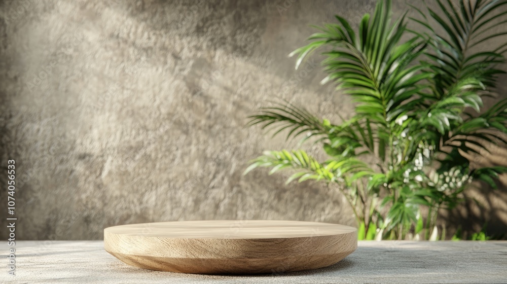 Poster 3d rendering of a wooden podium display featuring a plant in the background