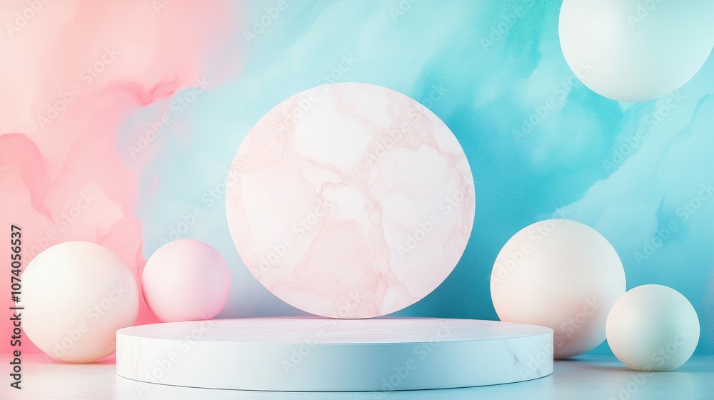 Poster 3D rendered image of an abstract mock up podium with a pastel background