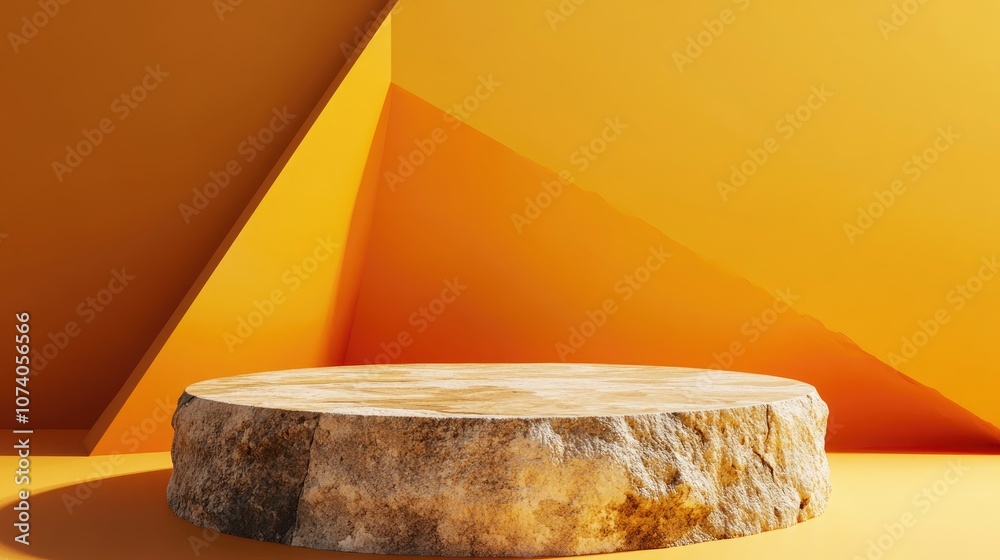 Poster Rough stone pedestal against an abstract orange triangular backdrop Blank showcase mockup featuring an empty circular platform Geometric background for product advertising display with ample copy 