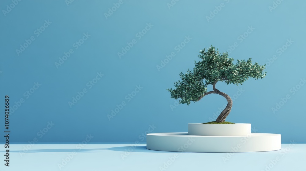Aufkleber Minimalist abstract background featuring a podium and a bonsai tree against a blue backdrop designed for product presentation 3D rendered illustration