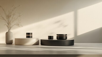 Abstract 3D product display mockup featuring a minimal scene with geometric podiums 3D rendering showcasing a stand for cosmetic items ideal for product presentations and stage displays