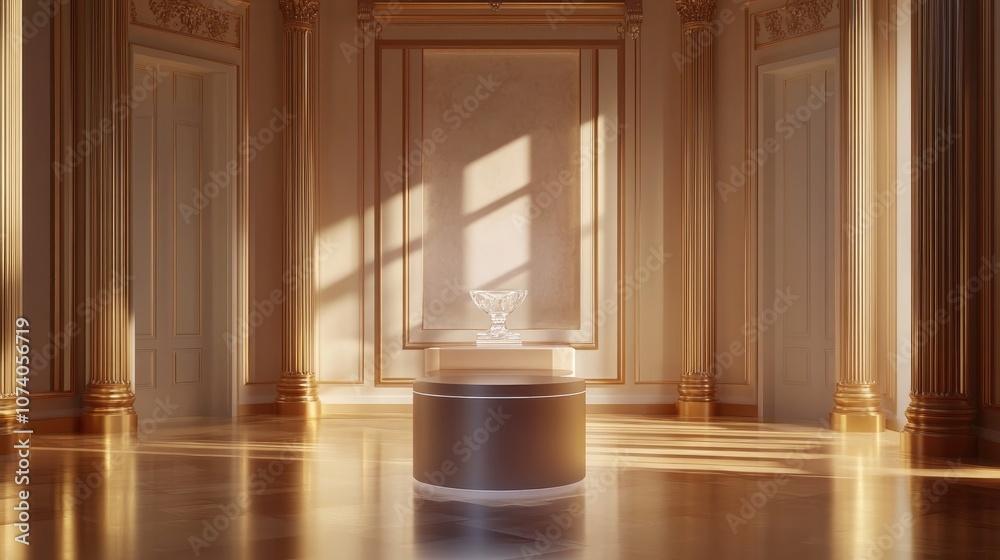 Aufkleber Elegant backdrop featuring a pedestal and display case 3D illustration and rendering