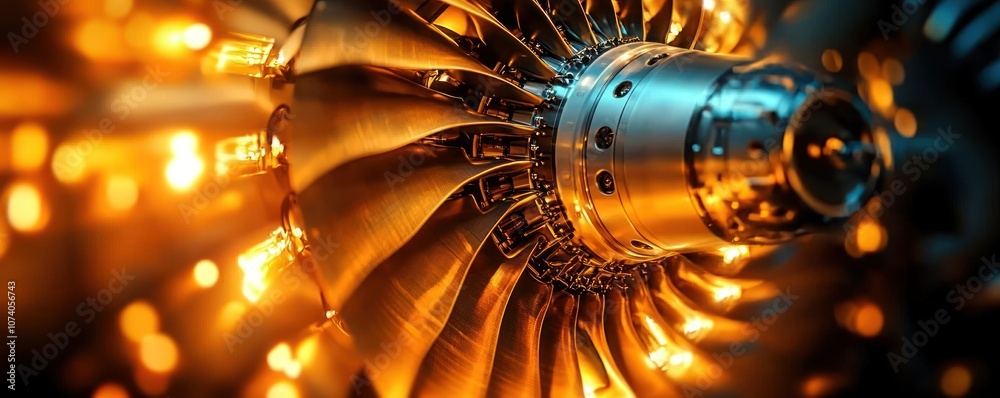 Poster close-up of an airplane jet engine with blurred lights in the foreground
