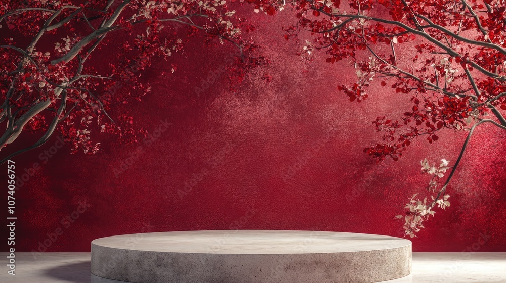 Poster Cherry red wall backdrop featuring a podium minimalistic design 3D rendering