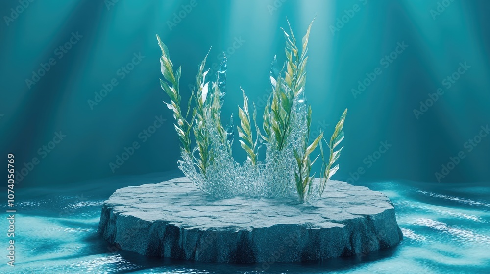 Poster Underwater mockup concept for showcasing a product Features a cobblestone podium and crystal seaweed with water caustics against a blue backdrop Clipping path for each element is included 3D rende