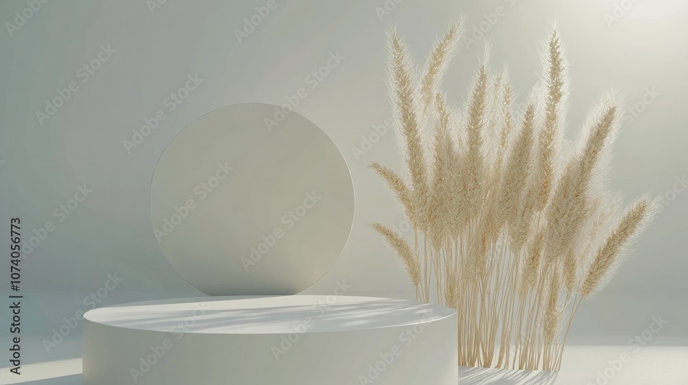 Poster Bright flat gray background featuring a square frame circular podium and dried wheat Natural display with minimalistic design 3D rendering