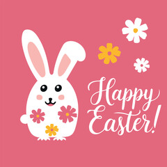 A vector illustration of a white calligraphy text lettering Happy Easter with a cute bunny on a pink background