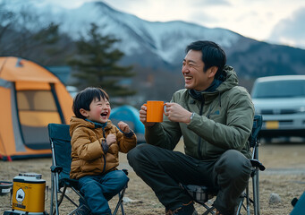 Japanese father and son enjoying coffee together at the campsite, surrounded by camping chairs and tents with mountains in the background.