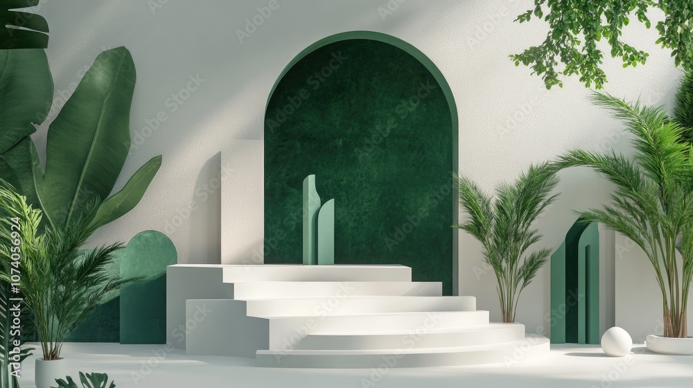 Aufkleber 3D rendering of stairs and podium featuring geometric shapes a green arch and a stage designed for product display and promotion