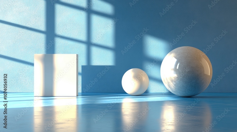 Poster 3d rendered shapes of a square large circle cylinder and sphere on a blank blue floor