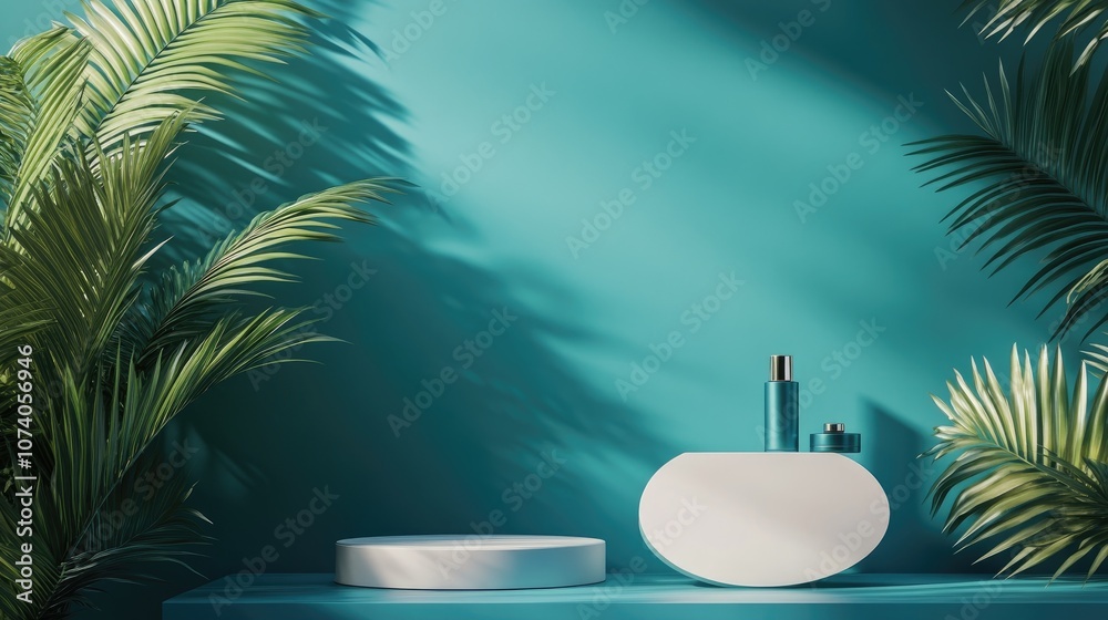 Poster 3D rendering of a blue podium against a matching background featuring a blank space for cosmetic and product display showcasing a clean and luxurious design