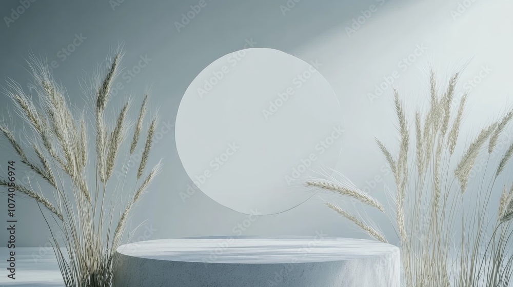 Poster Bright flat gray background featuring a square frame circular podium and dried wheat Natural display with minimalistic design 3D rendering