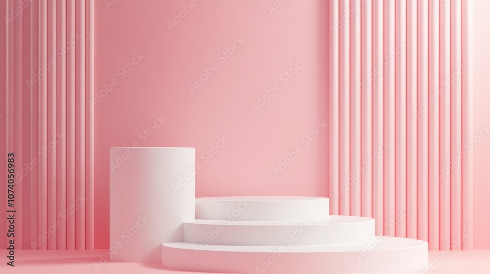 Aufkleber abstract geometric setting featuring white podiums set against a solid pink backdrop 3d illustration