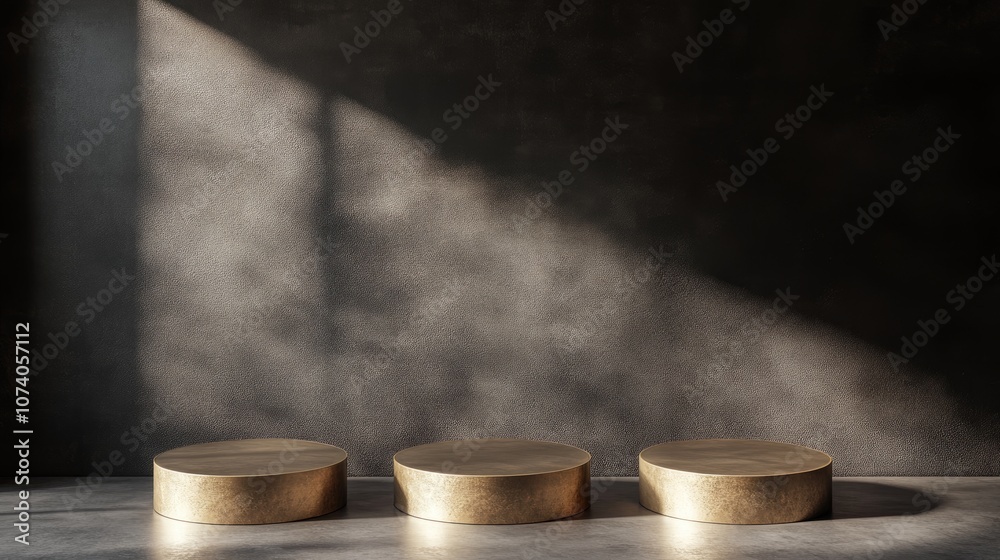 Poster Abstract concept featuring three circular pedestals in a minimalist setting with dark tones designed to showcase products on a golden podium 3D render
