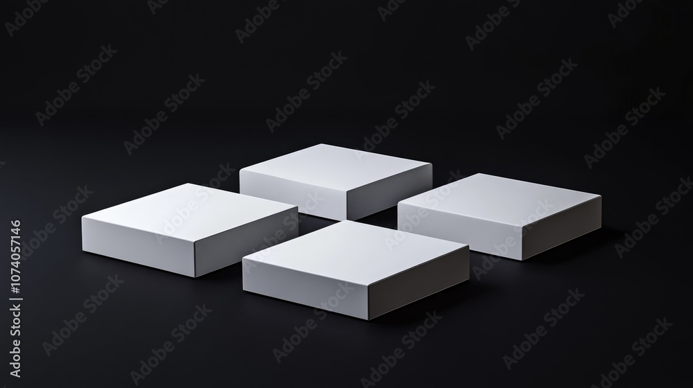 Aufkleber vignette depiction of four white square platforms on a black background studio setting 3d render