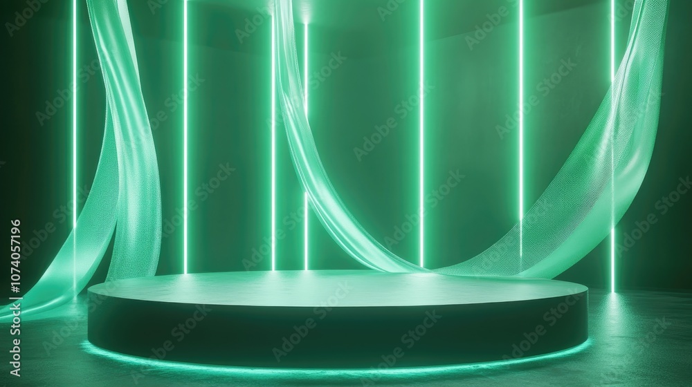 Leinwandbilder 3D render of an abstract green neon background featuring ribbons glowing lines and an empty podium designed for a futuristic product display