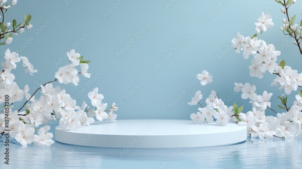 Poster white display podium with water reflection and blooming flowers on a blue background 3d rendering