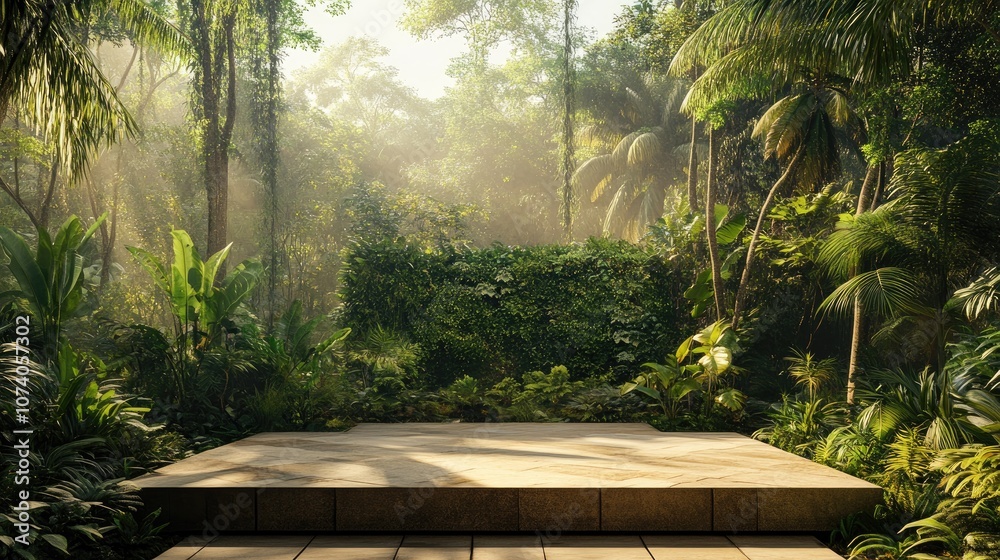 Aufkleber 3d rendering of a stone platform surrounded by a tropical forest designed for product displays and f