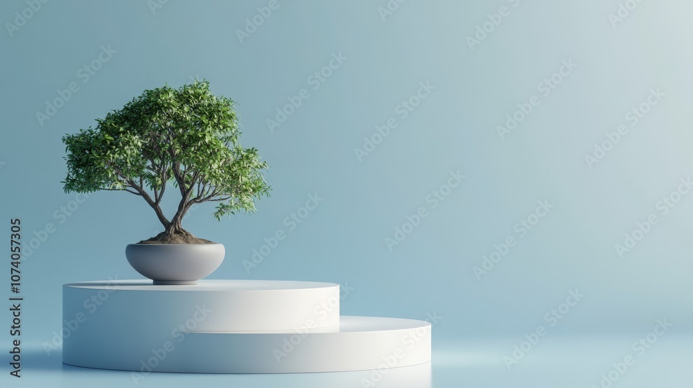 Aufkleber Minimalist abstract background featuring a podium and a bonsai tree against a blue backdrop designed for product presentation 3D rendered illustration