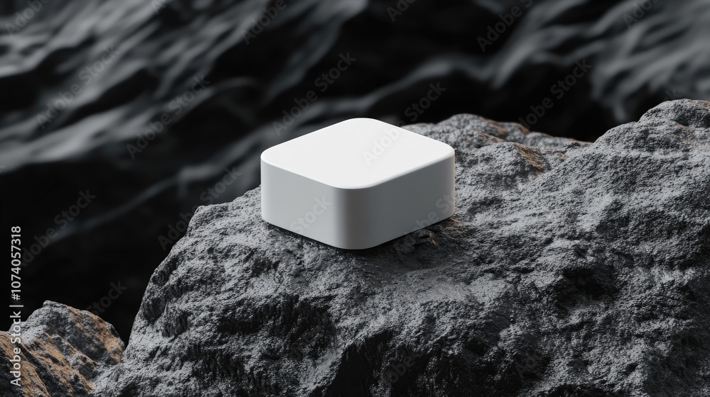 Poster Square cosmetic container on a rock surface with a black background 3D rendering