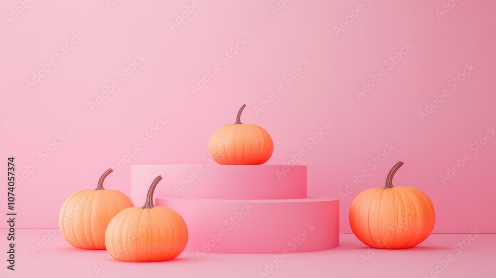 Aufkleber 3D render of an abstract pink background featuring geometric podiums for product display complemented by Halloween pumpkins Minimalist design