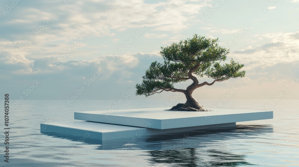Aufkleber Abstract empty mock up product display platform floating on water with bonsai tree and submerged platform for product presentation 3D rendering illustration