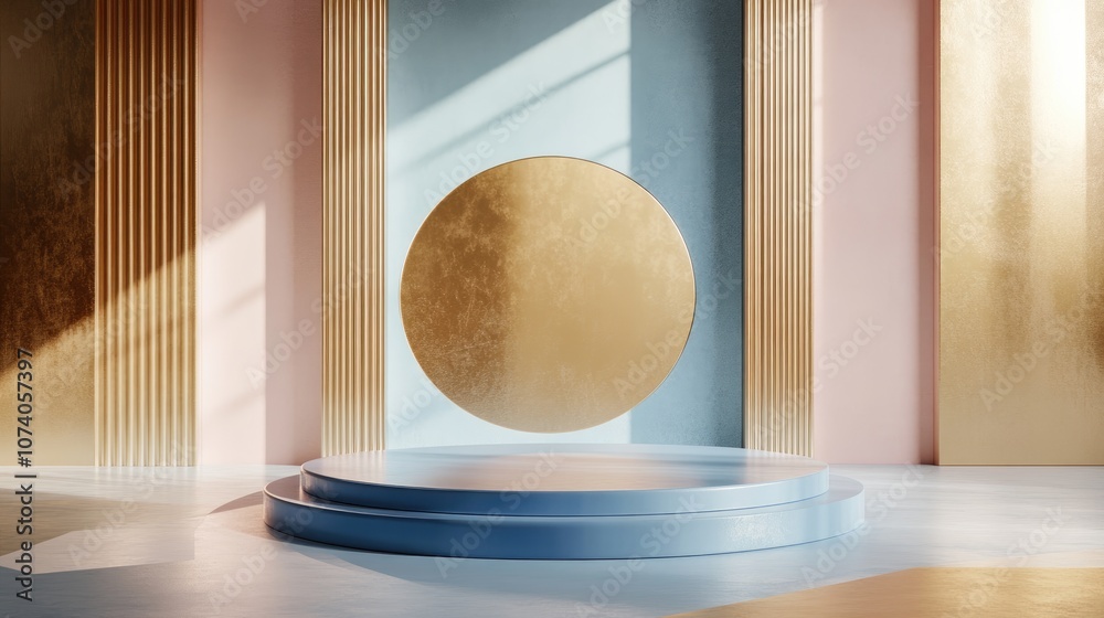 Leinwandbilder 3D rendering featuring a blue and gold podium within a minimal abstract background showcasing a geometric shape in pastel tones ideal for product display