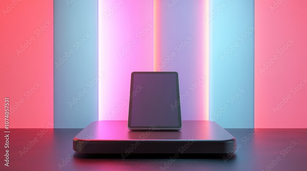 Aufkleber podium featuring a sleek digital tablet on an abstract wall backdrop concept of product presentation