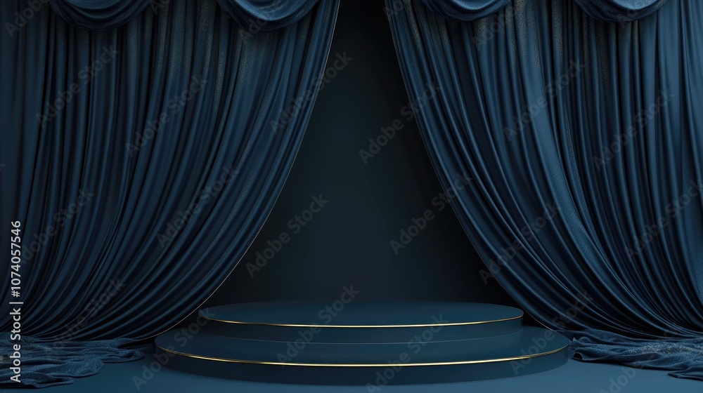 Aufkleber Dark blue 3D rendering of a luxurious display podium or stand on fabric featuring golden threads presented in a simple top down composition