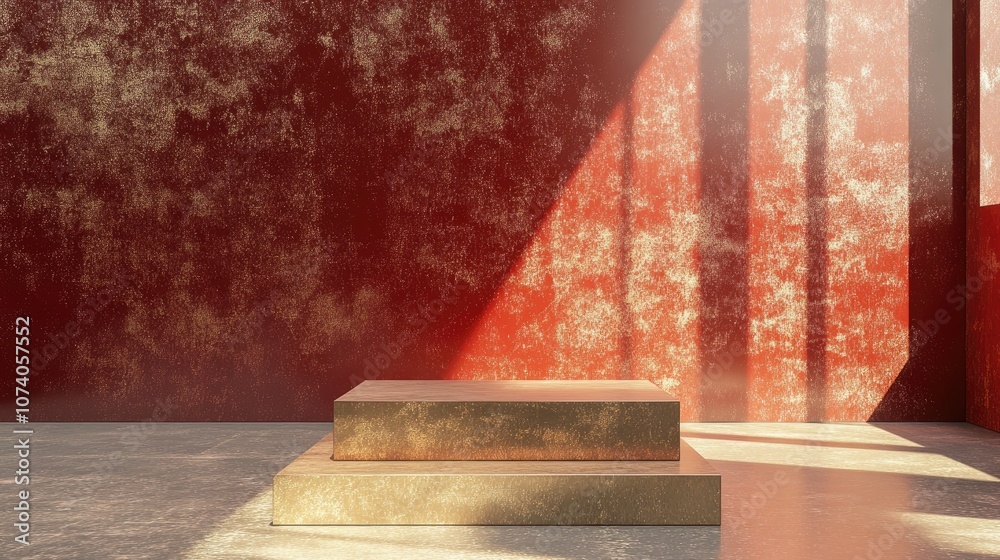 Aufkleber Dark red block podium on a square gold grid with terrazzo rendering featuring a transparent background in 3D