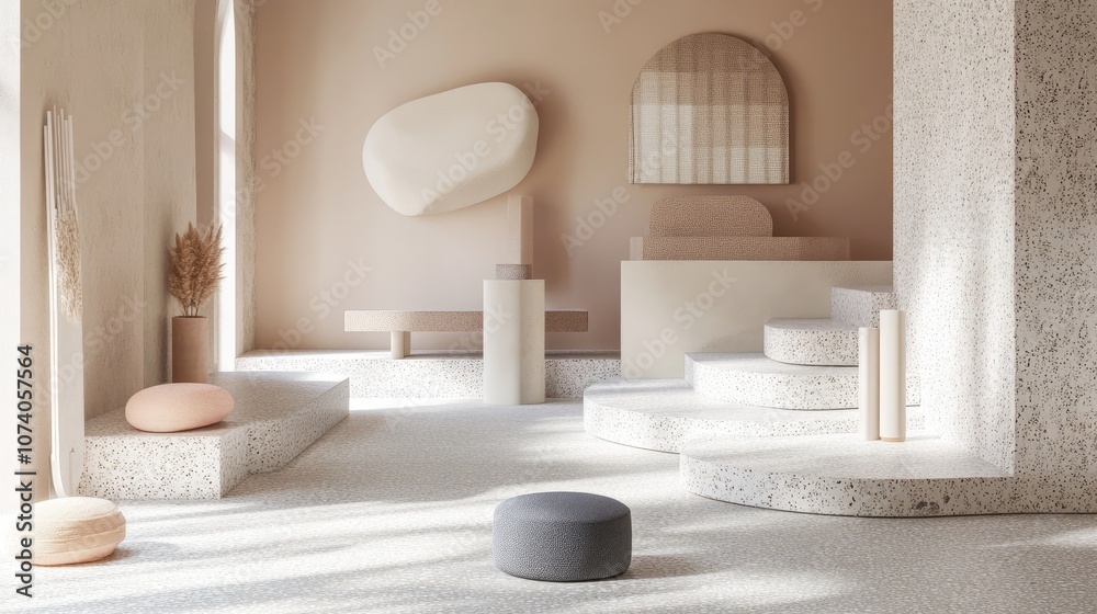 Poster 3D rendered interior featuring geometric shapes a podium on the floor and a collection of platforms and stairs for product displays Abstract minimal design composition in pastel colors