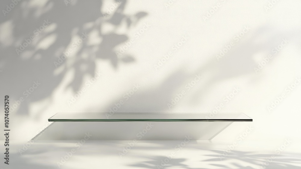 Aufkleber minimalist white wall featuring a glass shelf for displaying products an empty space with tree leaf 