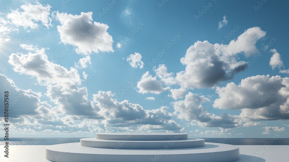 Aufkleber Podium stage set against a blue sky adorned with fluffy clouds offering ample copy space 3D rendering