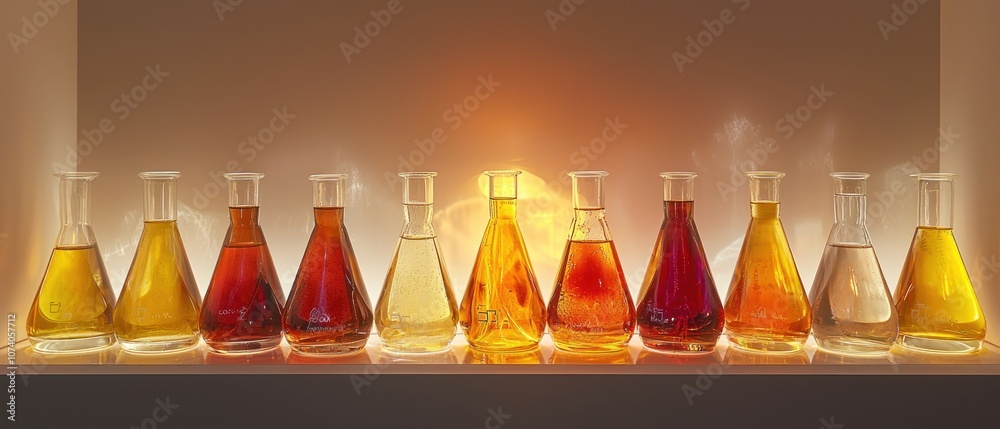Poster row of glass flasks filled with colored liquids