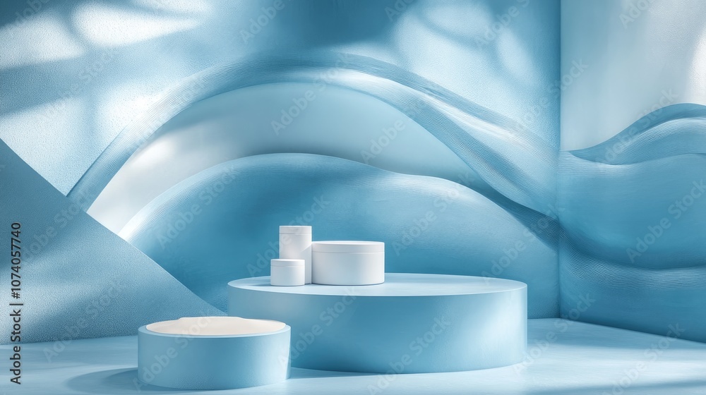 Poster 3d rendering of a podium backdrop in blue hues designed for showcasing cream products