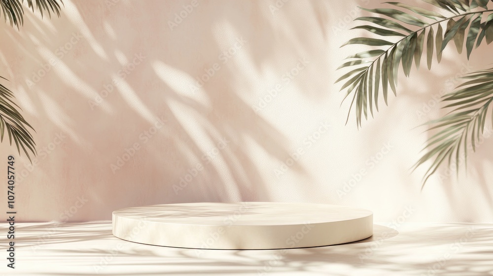 Aufkleber 3d rendered illustration of an abstract geometric podium composition featuring palm leaves shadows a
