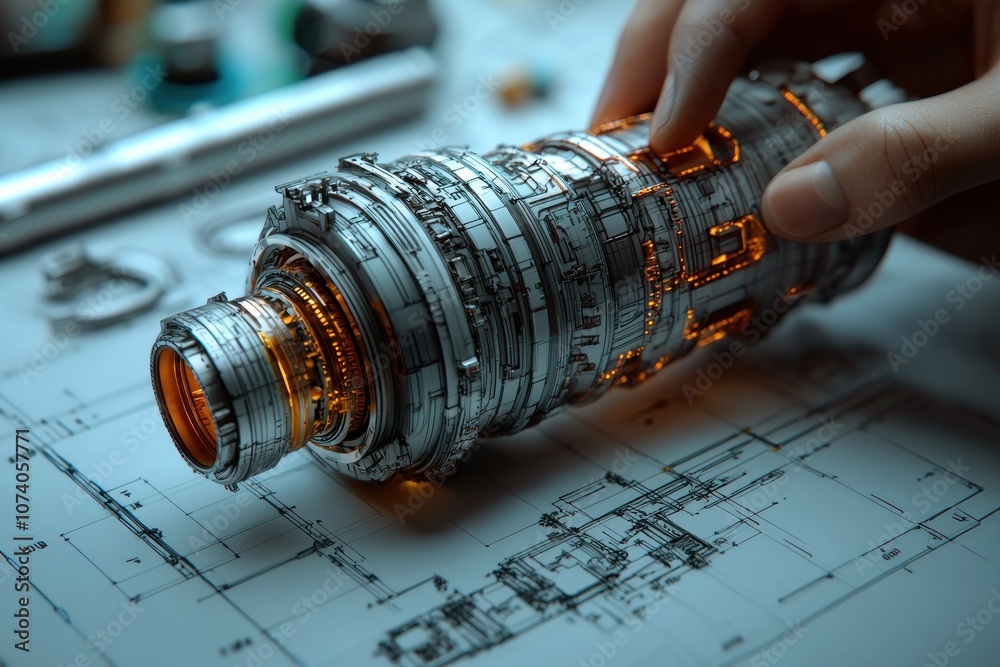 Poster a metallic gear mechanism with a hand reaching towards it, resting on a blueprint