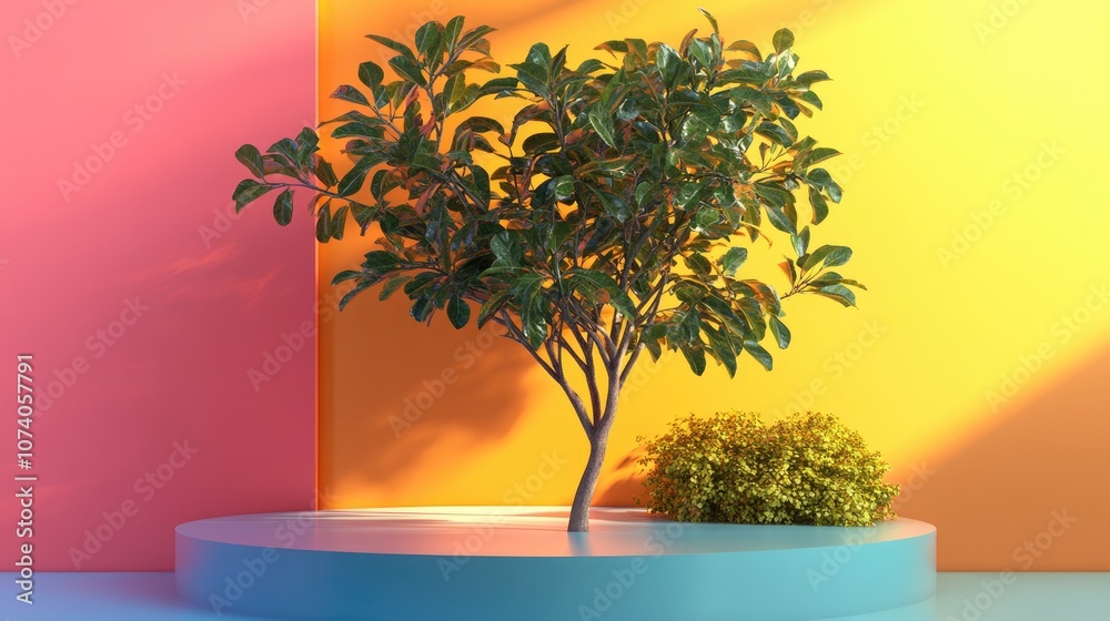 Poster Aerial perspective featuring a vibrant backdrop with a tree stand or podium set against a blank display 3D rendering