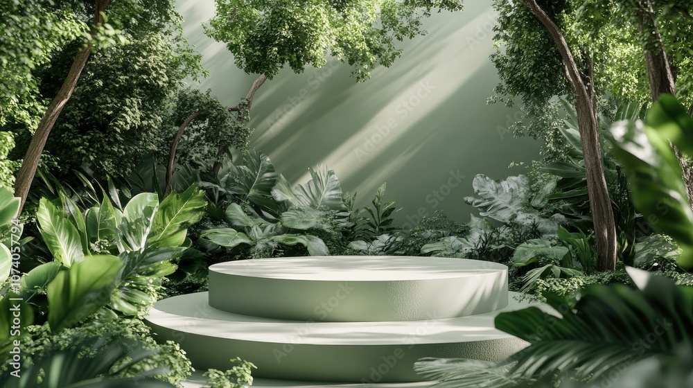 Aufkleber green podium surrounded by foliage for product showcasing minimalist design set in a contemporary un