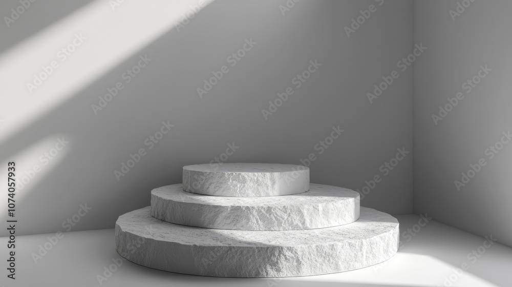 Poster Rough white stone display podium featuring a circular design ideal for product presentation 3D rendering