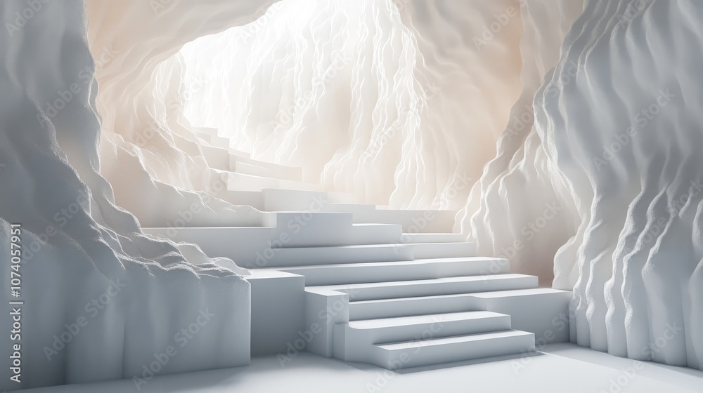 Poster 3D rendering of an abstract room featuring a paper texture background and a pedestal composed of white cube steps