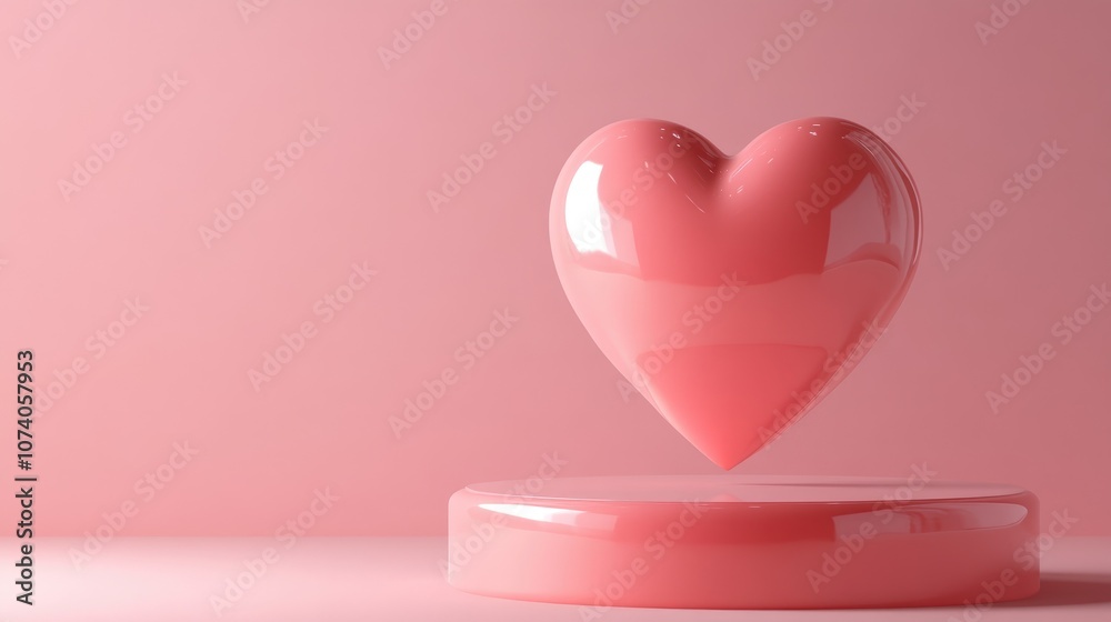 Poster a 3d rendering of a display stand featuring a pink heart against a plain pink background