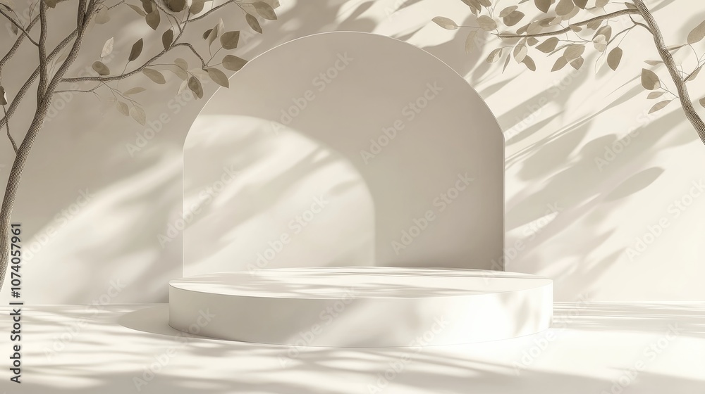 Poster Minimalist abstract white podium blocks for product display featuring an empty stage with sunshade shadows on a beige background and tree leaf silhouettes designed for cosmetic product presentatio