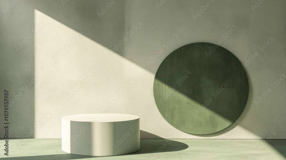 Poster 3d rendering of a mockup scene featuring a white and green podium alongside a geometric circle in gr