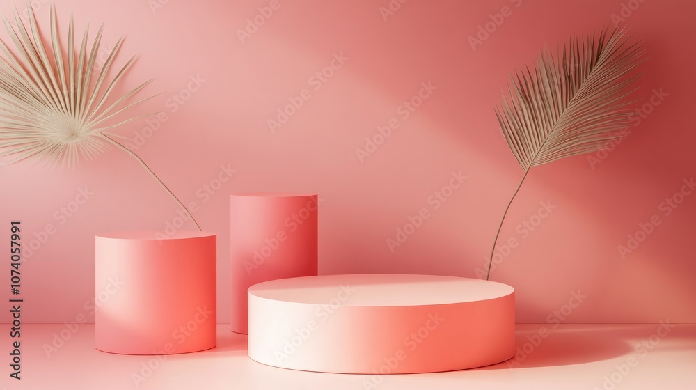 Poster 3d pink coral cylinder podium in a minimal studio corner background abstract geometric shape illustr