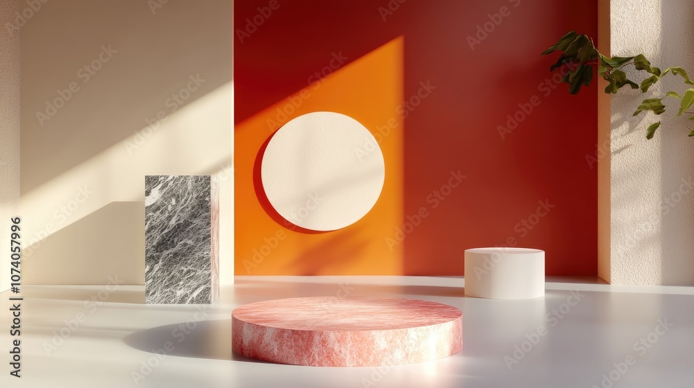Poster 3D rendering of a studio featuring geometric shapes and pedestals on the floor serving as a platform for abstract product presentation in a minimalistic design